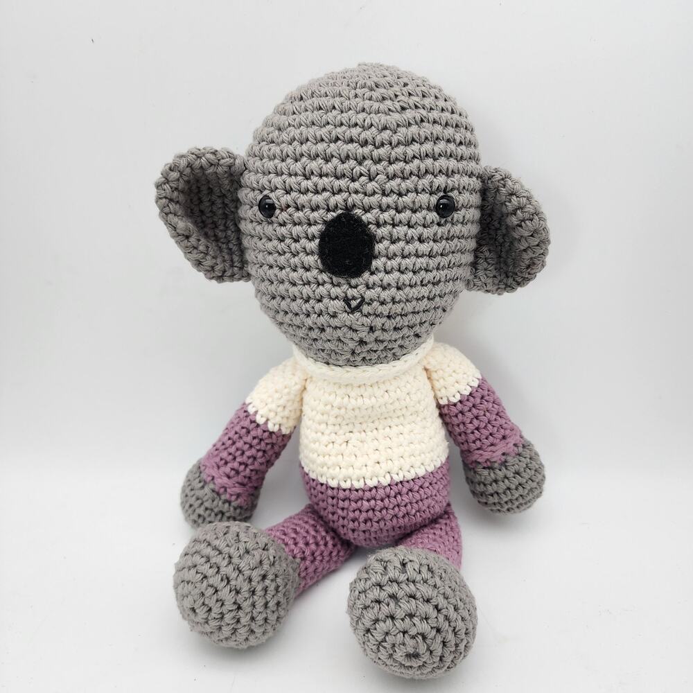 Crochet Koala Bear Plush Stuffed Animal Toy 10" Gray Purple Hard Eyes Big Ears